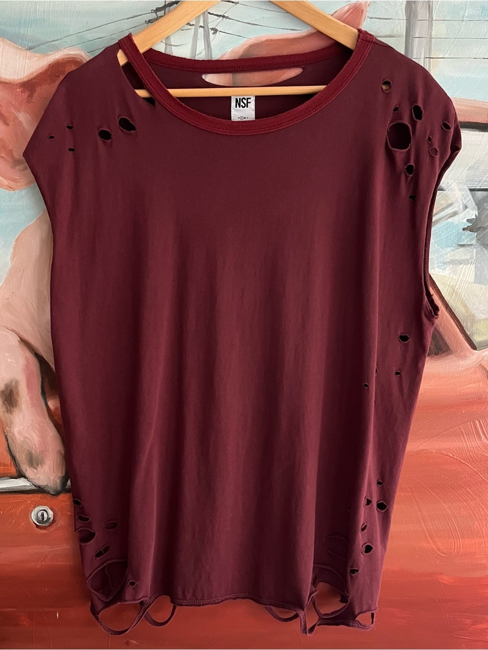 NSF Harley Destroyed Burgundy Maroon Muscle Tee Tank Top S (Fits S M)